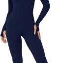 Sunzel Long Sleeve Jumpsuits for Women, Ribbed One Piece Casual Yoga Workout Zip Front Bodycon, Legging Fit & Thumbhole (X-Large, Navy Blue)