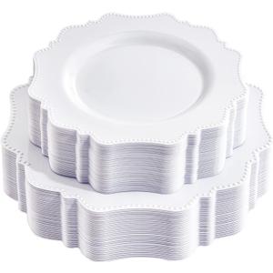 COLOSUS 60PCS White Plastic Plates for 30 guests-Fancy Plastic Beaded Plates,Disposable Christmas plastic plates,Include 30 PCS 10.5" Dinner Plates & 30PCS 8.25" Dessert-Platos for Christmas