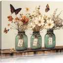 BLINFEIRU Bathroom Decor Flower Wall Art Rustic Floral Butterfly Vase Canvas Wall Art Prints Farmhouse Botanical Flowers Pictures Country Aesthetic Artwork for Bedroom Decor Framed 16"x12"