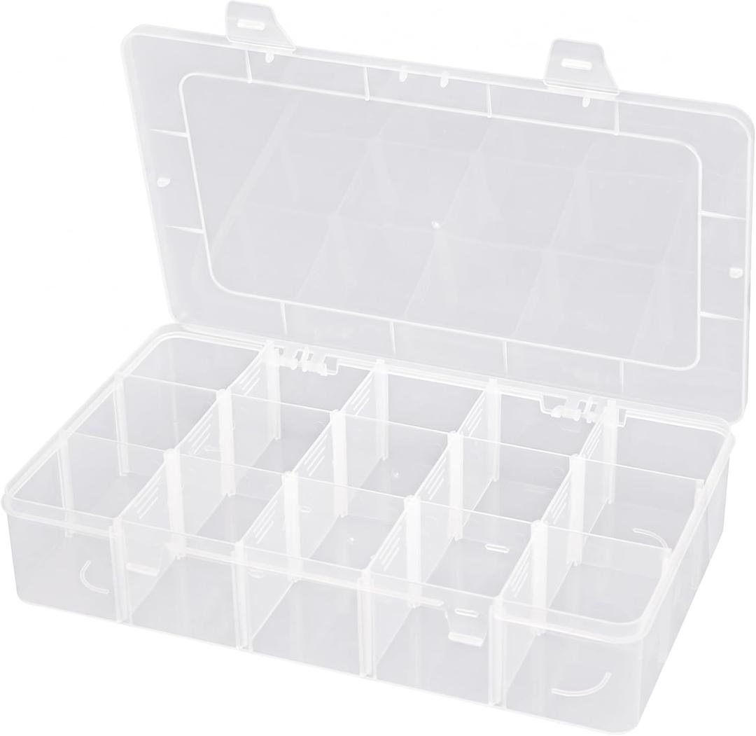 Hlotmeky Plastic Organizer Box with Dividers Bead Organizer 15 Large Grids Tackle box Organizer Clear Snackle Box Container