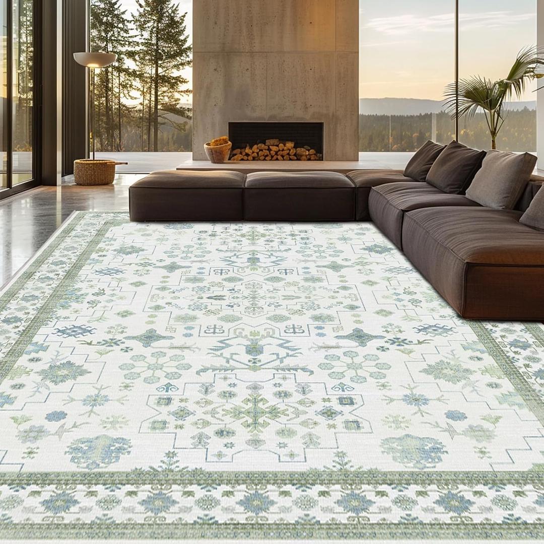 8x10 Washable Area Rugs for Living Room, Non-Slip Stain Resistant Soft Vintage Extra Large Area Rug, Low Pile Indoor Boho Rug for Bedroom Dining Room Farmhouse (Pale Sage Misty Blue)