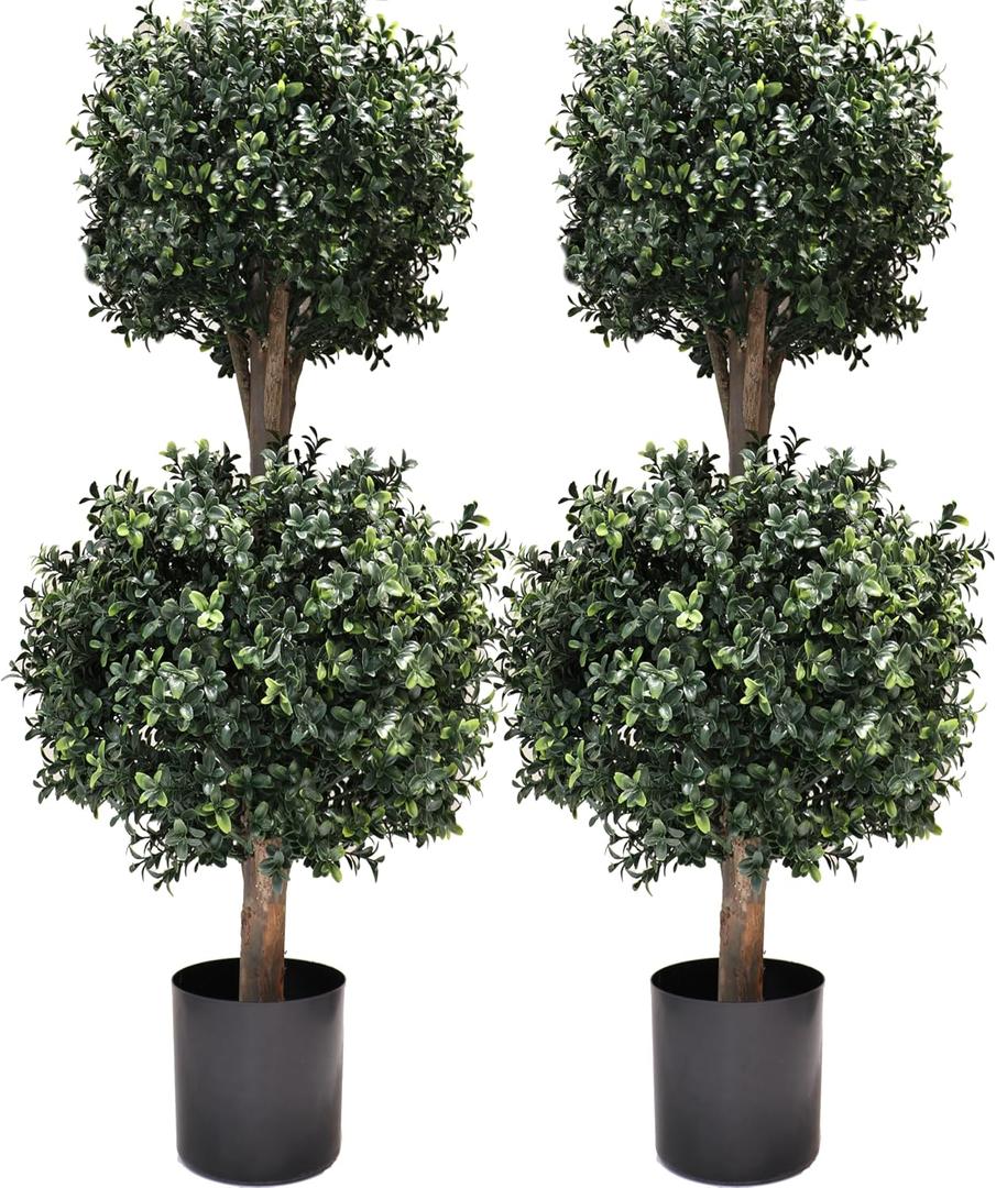 4Ft Artificial Boxwood Double Ball Topiary Trees,2PACK Faux Topiaries Tree Store Garden Indoor&Outdoor for Porch Home Decor