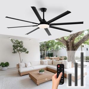 Modern Ceiling Fans with Lights, 84 Inch Ceiling Fan with Light and Remote,Living Room Library Cafe Outdoor/Industrial, 36W 3CCT, 8 Aluminum Blades 6 Speed Reversible Quiet DC Motor, Black