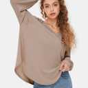 EXLURA Womens Fall Oversized V Neck Tunic Tops 2025 Casual Long Sleeve Shirts Lightweight Soft Sweater Curved Hem T Shirts (Beige, S)