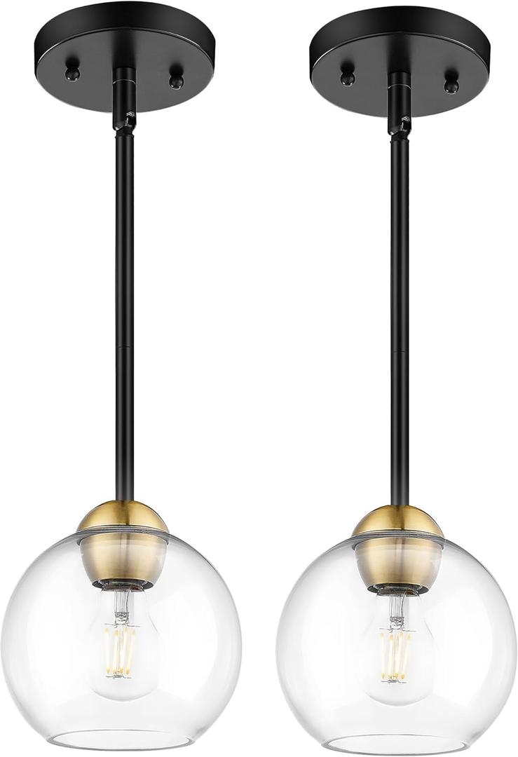 Emak 2 Pack Black and Gold Pendant Light Fixtures, Modern 7 Inch Globe Pendant Lights Kitchen Island with Clear Glass Shade, 1 Light Hanging Lights for Kitchen, Bedroom, Bathroom, PL119-BKBGD-2PK (Black Gold - 2PC)