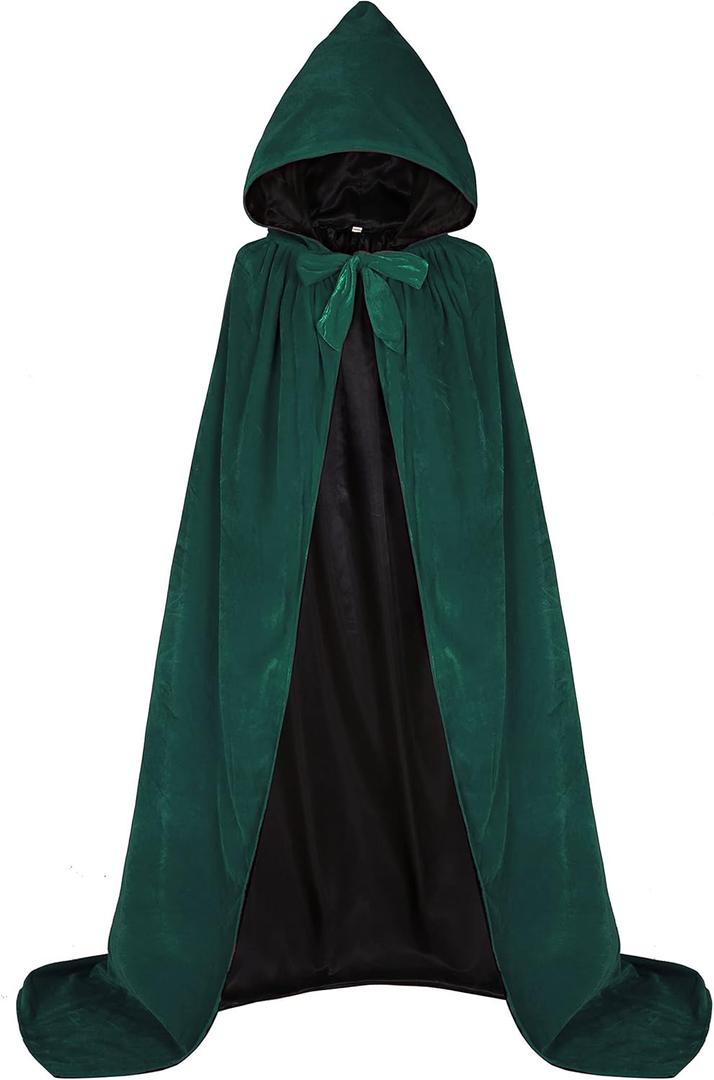 ALIZIWAY Hooded Cape Reversible Velvet Cloak Lined with Satin Renaissance Medieval Halloween Christmas Cosplay Costume (Green, XL)