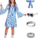 BesserBay Girl's 70s Disco Diva Costume Bell Sleeve Sequins Dancing Dress (Light Blue, 10 Years Old)