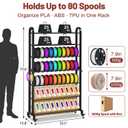 3D Printer Filament Storage Rack with Wheels, 5-Tier Adjustable Metal Shelf Holds 40 Spools, Mobile Filament Organizer with Hooks for PLA ABS TPU, 3D Printing Workspace & Studio, Large