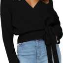 Womens Cropped Sweater V-Neck Wrap Sweater Long Sleeve Ribbed Knit Pullover with Side Tie Valentines Day Outfit (Small, Black)