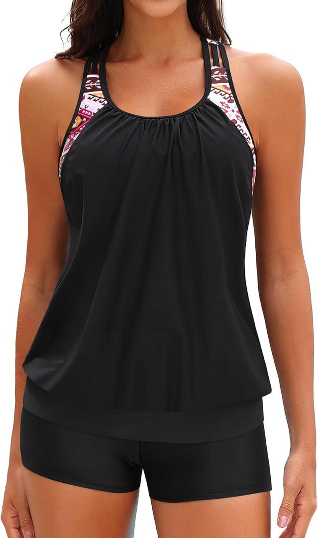 Yonique Two Piece Tankini Bathing Suits T-Back Blouson Swim Tops with Boy Shorts Women Swimsuits Sporty Swimwear (X-Large, Red)