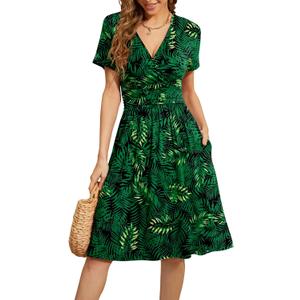 WEACZZY Women's Summer Short Sleeve Casual Dresses V-Neck Floral Party Dress with Pockets (Large)
