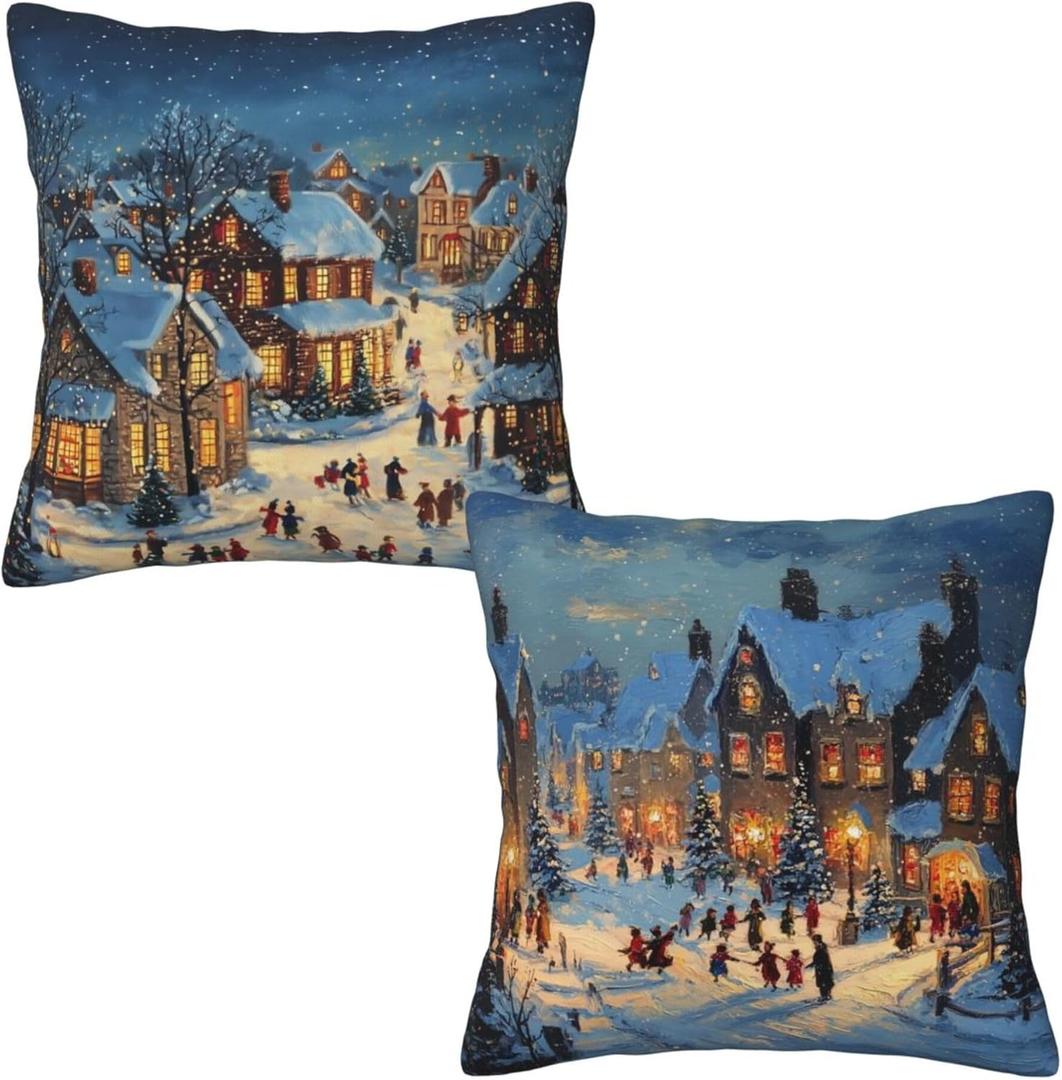 Blue Happy Winter Throw Pillow Covers 18x18 inch Set of 2 Christmas Pillow Case Cushion Cover for Home Sofa Couch Living Room Car Decor