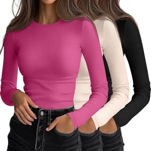 Ficerd 3 Pack Women's Ribbed Long Sleeve Tops, Crew Neck Slim Fit Knit Undershirts Basic Casual Stretch Layering Tee Shirts(Black, Cream, Rose Pink,Large)