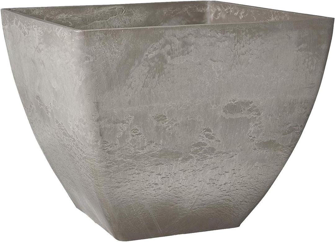 PSW Pot Collection 16x13 inch Plastic/Stone/Wood Composite Square Planter  No Drainage Hole (Drillable), Modern Indoor/Outer Pot for Flowers, Foliage, Succulents, Fairy Gardens, Cement Color