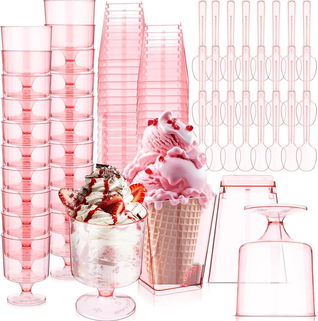 300 Pcs Pink Dessert Cups with Spoons Mini Clear Plastic Dessert Parfait Cup Dessert Square Shot Glasses Round Goblet Shooters Plastic Spoons for Fruit Ice Cream Cake Party Supplies (5 oz)