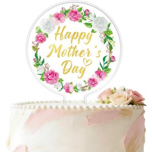 Happy Mothers Day Cake Topper, Acrylic Flower Love Heart Mom Cake Decorations, Mothers Day Cupcake Topper and Centerpieces for Mom Birthday Party Supplies Mother's Day Decorations - Gold and Pink