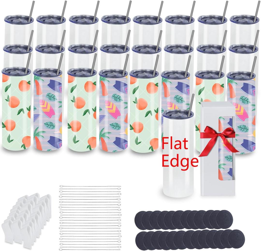 25 Pack 20oz Sublimation Tumblers Bulk With Flat Edge, 20OZ Flat Sublimation Tumbler Blank, Skinny Straight Stainless Steel Blanks Cups with Individual Box(25, 20OZ FLAT EDGE) 25 Pack 20oz Sublimation Tumblers Bulk With Flat Edge, 20OZ Flat Sublimation Tumbler Blank, Skinny Straight Stainless Steel Blanks Cups with Individual Box(25, 20OZ FLAT EDGE)