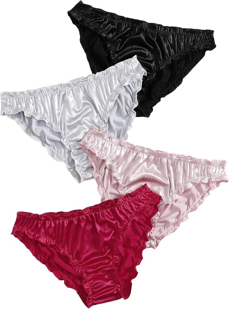 Verdusa Women's 4pack Frill Trim Satin Underwear Briefs Panty Set (X-Large, Black/Grey/Pink/Red)