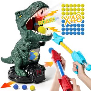 Dinosaur Shooting Toy for Boys Girls, Movable Target Shooting Games with 2 Air Pump Launcher, 48 Foam Balls, LED Score Record, Spray Effect & Sound, Competition Game Gift for Kids 5 6+ (Green)