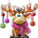 KEYIFA Christmas Diamond Painting Kit, DIY Reindeer Diamond Art for Adults, Diamonds Painting Pendant Special Shaped Rhinestone Window Hanging Ornaments Home Garden Wall Door Decoration, 20cm Width