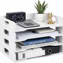 Yinkin Wooden Stackable Paper Trays 4-Tier Wooden Paper Organizer for Desk Letter Documents Woodens Desktop File Organizers for Desktop File Holder and Office Supplies Rack for Home Office Use(White)