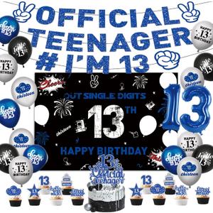 13th Birthday Decorations for Boys Include Happy 13th Birthday Banner-Backdrop-13 Birthday Balloons-Foil Balloons-Cake Topper-Cupcake Toppers-Hanging Swirl for 13 Year Old Boy Birthday Decorations