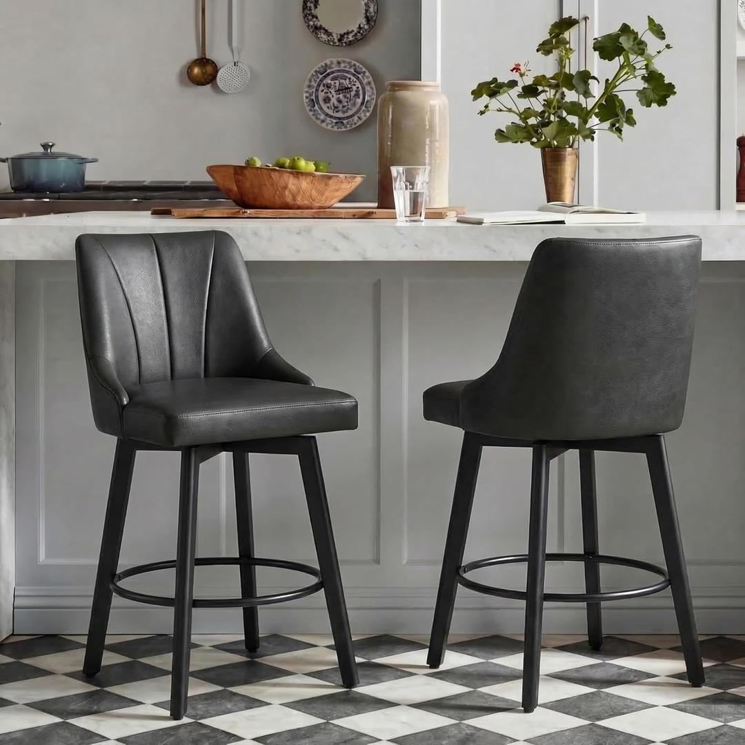 24" Counter Height Bar Stools Set of 2, Swivel Bar Stools with Backs, Faux Leather Upholstered Counter Barstools with Solid Wood Legs for Kitchen Island,Black