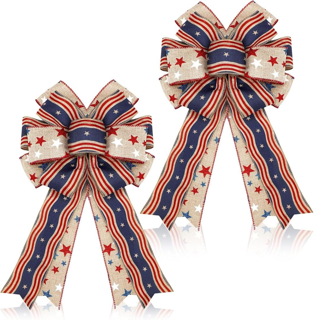 Moucuny 2 Pcs Memorial Day Bows 4th of July Patriotic Burlap Bow Red White Blue Stars Tree Topper American Flag Wreath for Indoor Outdoor 250th Anniversary Independence Party Decoration(Rustic)