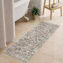 Uphome Bathroom Runner Rug, Distressed Farmhouse Boho Khaki Bath Mat, Non Slip Washable Long Bath Rugs, Vintage Traditonal Soft Velvet Bathroom Runner for Bathtub Sink Shower, 18x47 inch (Khaki/Red Brown)
