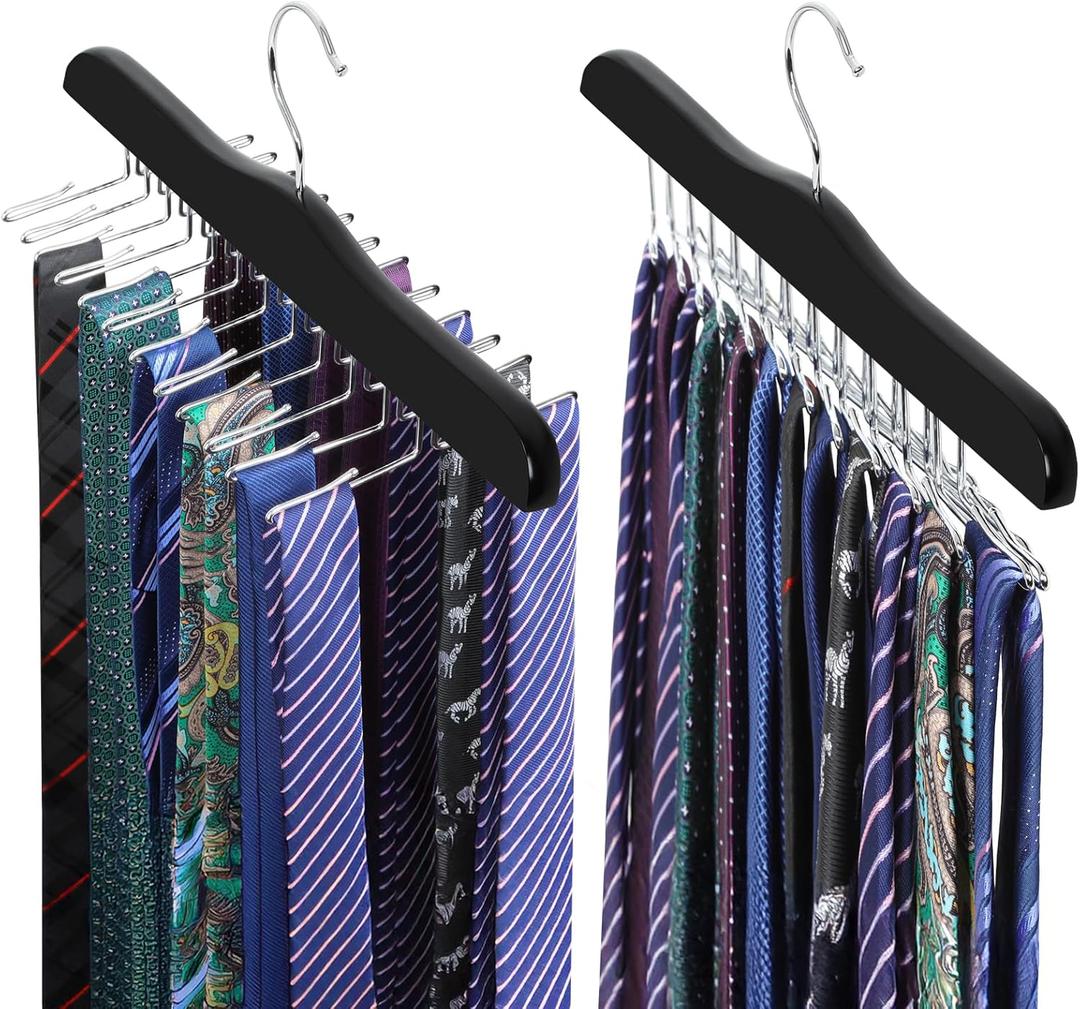 TOPIA HANGER Tie Rack Hanger for Closet, Wooden Tie Organizer for Men with 24 Folding Hooks, Space Saving Necktie Holder for Storage and Display Bra, Tank Top, Camisole (2-Pack), Black- CT14B-2
