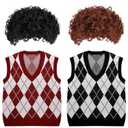 4 Pcs Halloween Costume Set Include Afro Fluffy Wigs and Knit Vests for Men Women Party Dress Up