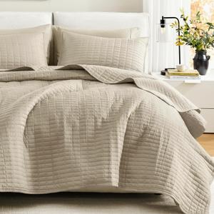 Comfort Spaces Queen Quilt Set Modern Reversible Plaid Coverlet Queen Bedding Set Cozy Quilted Winter Layer, All Season Lightweight Soft Queen Size Quilt, Kienna, Full/Queen Beige 3 Piece