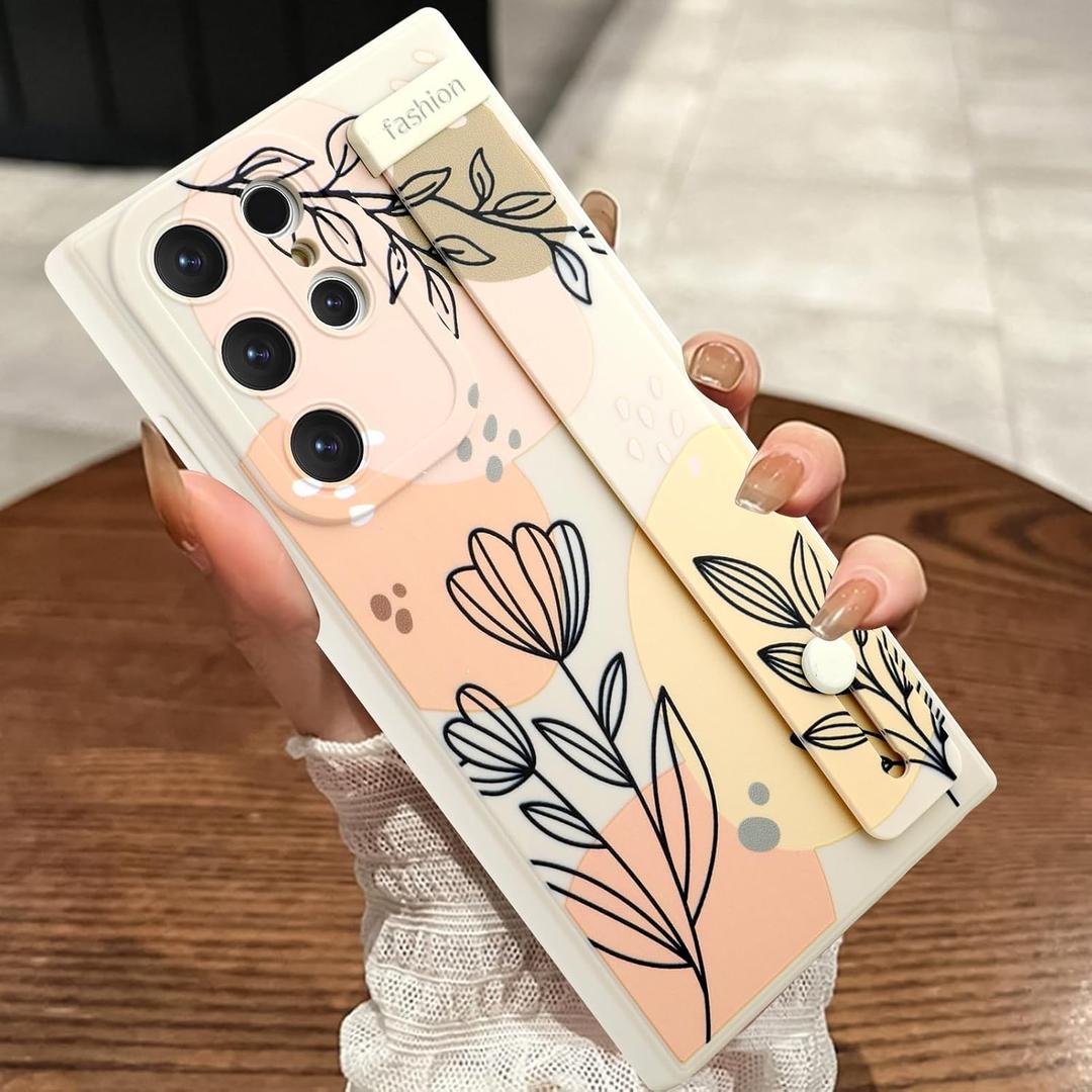 Compatible with Samsung Galaxy S23 Ultra Case with Wrist Strap Beige | Floral Flower Shockproof Soft TPU Protective Cover Women Girls, Anti Scratch Case for S23 Ultra 6.8 Inch, Beige