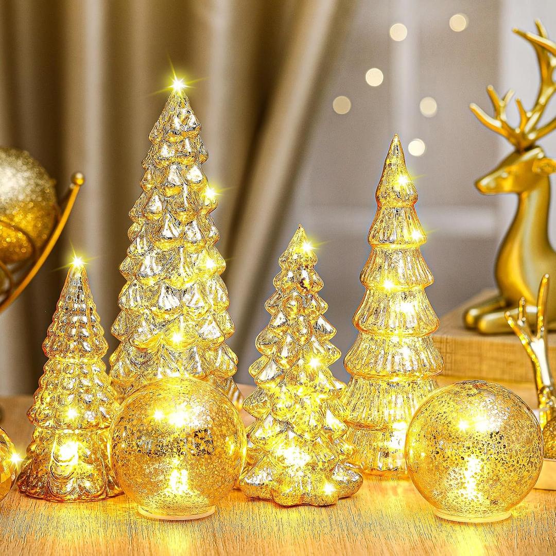 Syhood 6 Pcs Gold Mercury Glass Christmas Tree for Tabletop Light up Figurine Christmas Tree Mercury Cracked Glass Globe with Light for Xmas Decor Home Party Centerpiece Mantel Gift
