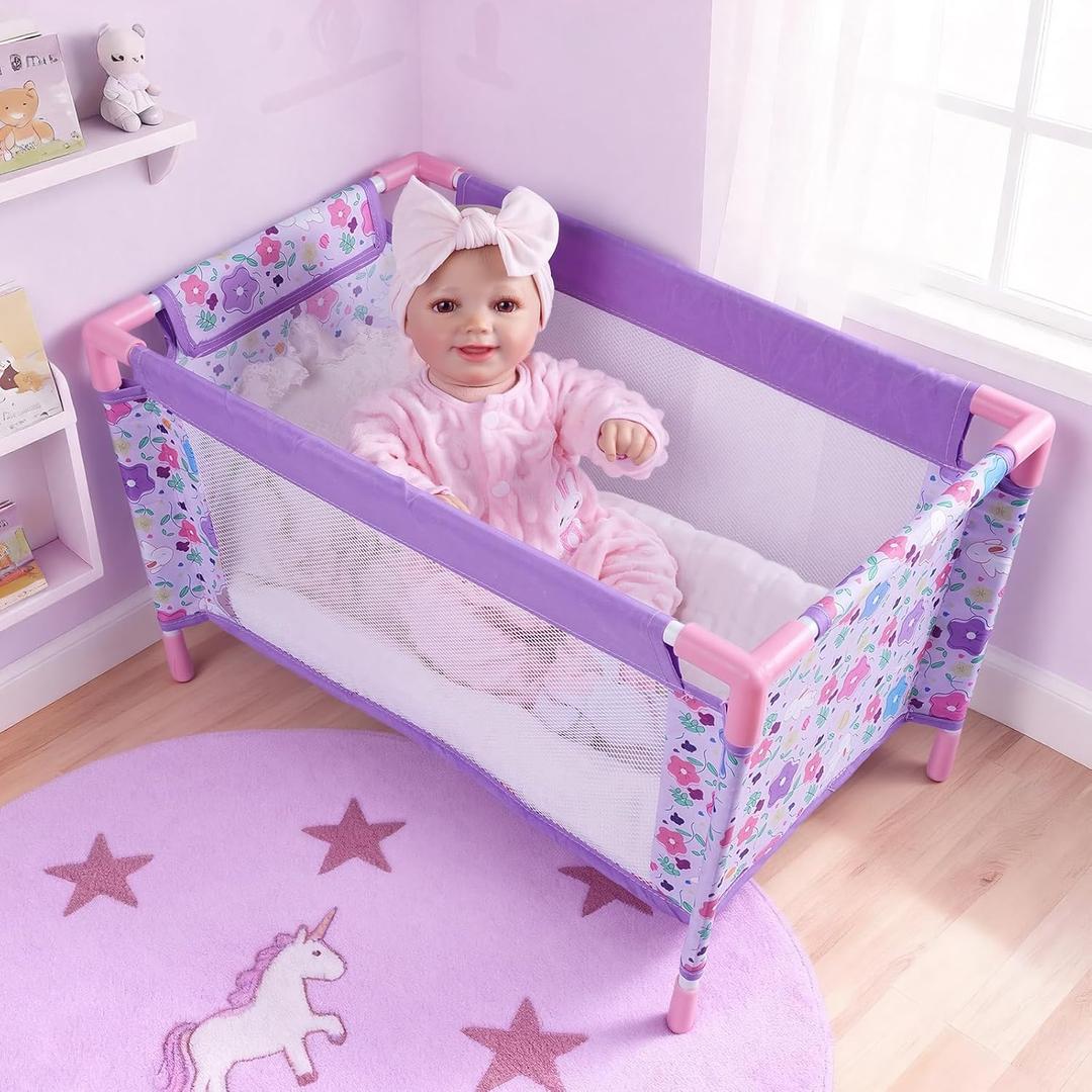 BABESIDE Baby Doll Crib Set for 18 Inch Dolls, Foldable Baby Doll Bed Playpen Toy Crib with Storage Bag for Reborn Baby Doll Accessories, Purple Babydoll Pack and Play