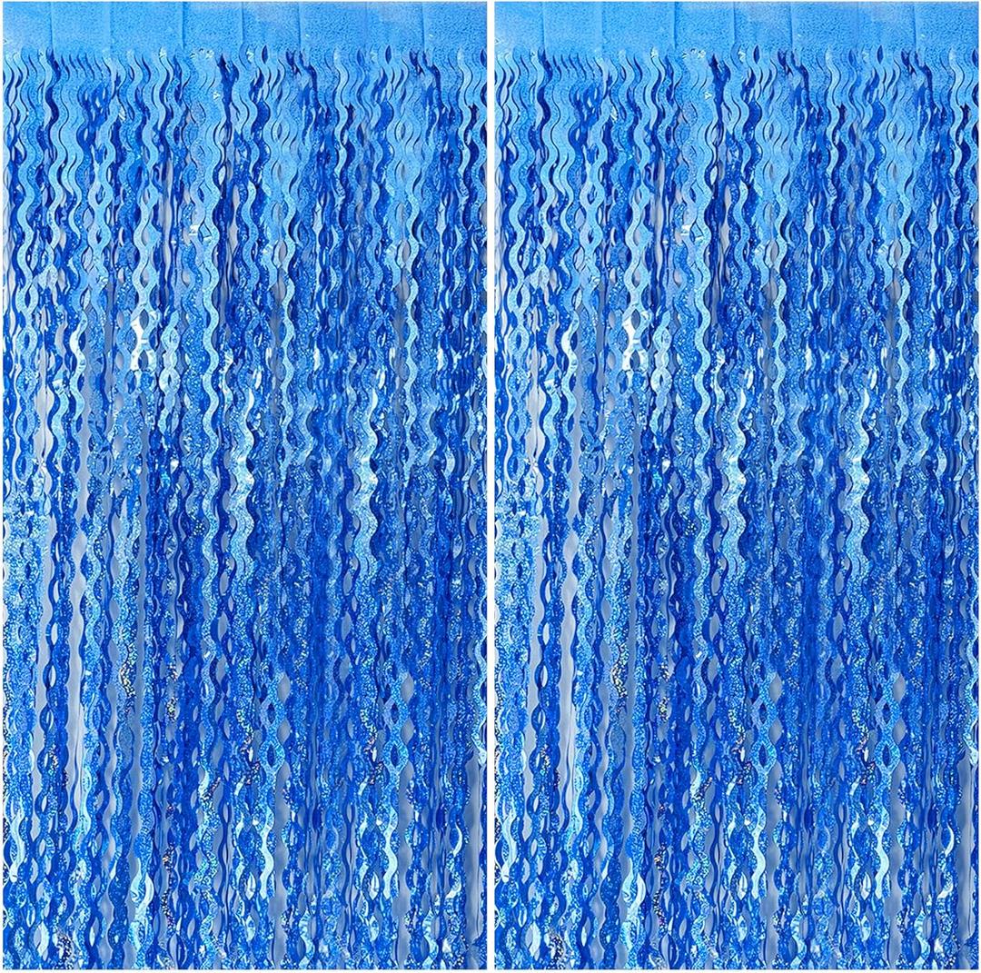 Blue Backdrop Wavy Tinsel Foil Fringe Curtains for Parties Sparkle Metallic Wavy Blue Birthday Decorations for Streamers Party Decorations Photo Booth Props Birthday Ocean Party Decor Supplies (2 Pack)