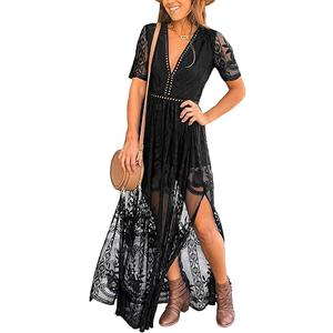 LRISES Womens V Neck Floral Embroidered Lace Wedding Maxi Dress Boho Short Sleeve Slit Bridesmaid Evening Party Dresses L, Black