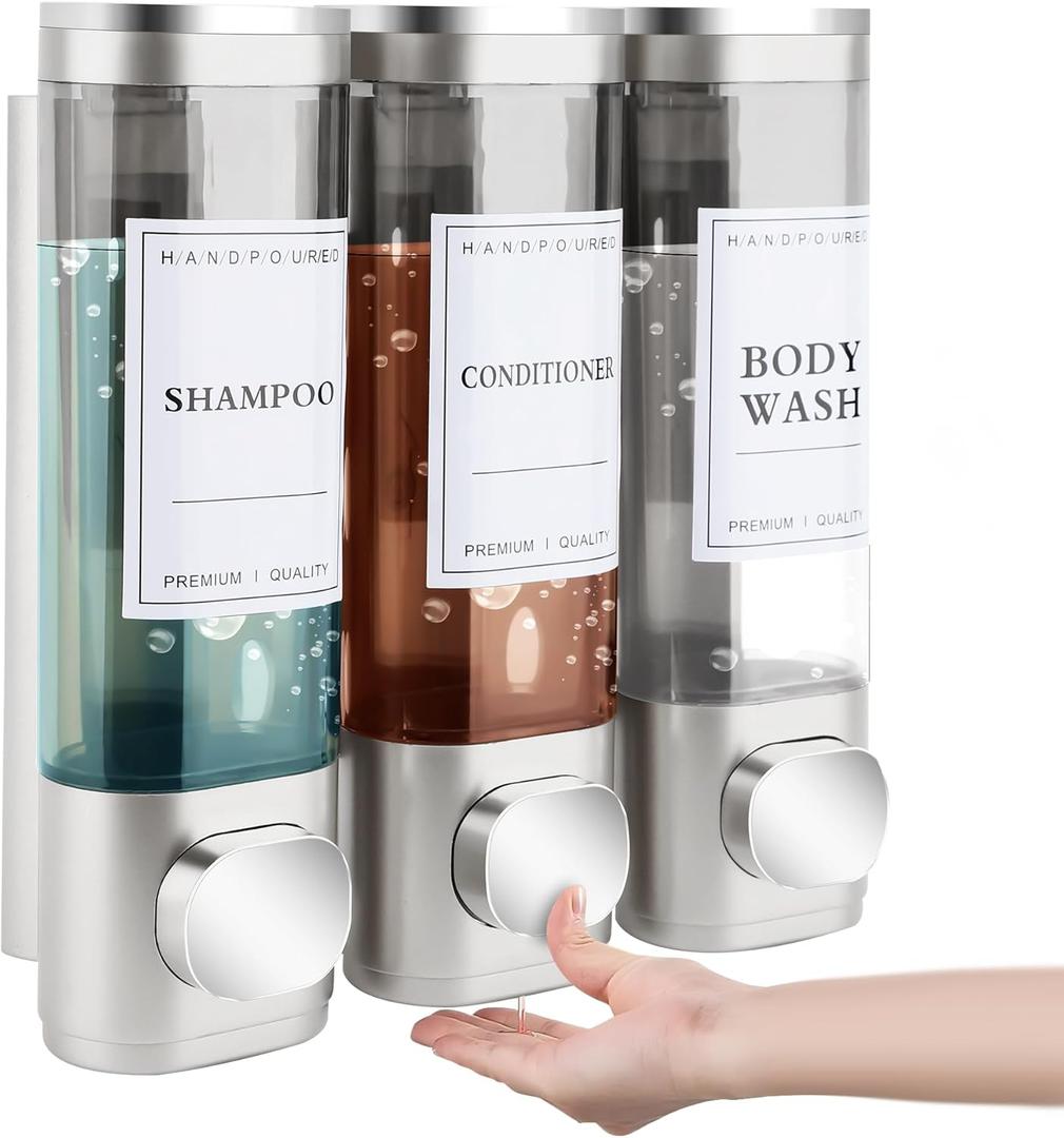 Shampoo and Conditioner Dispenser, Shower Soap Dispenser Wall Mounted 3 Chamber 300ml, Refillable Hand Soap Dispensers, Body Wash Dispenser for Bathroom, Kitchen, Hotel, Home 5 Colors, (Silver)