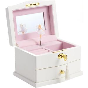 Ballerina Musical Jewelry Box with Mirror for girls Kid's Jewelry Storage Music Chest (White-Large)