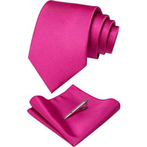 Solid Color Formal Necktie and Pocket Square Tie Clip Sets for Men (Hot Pink)