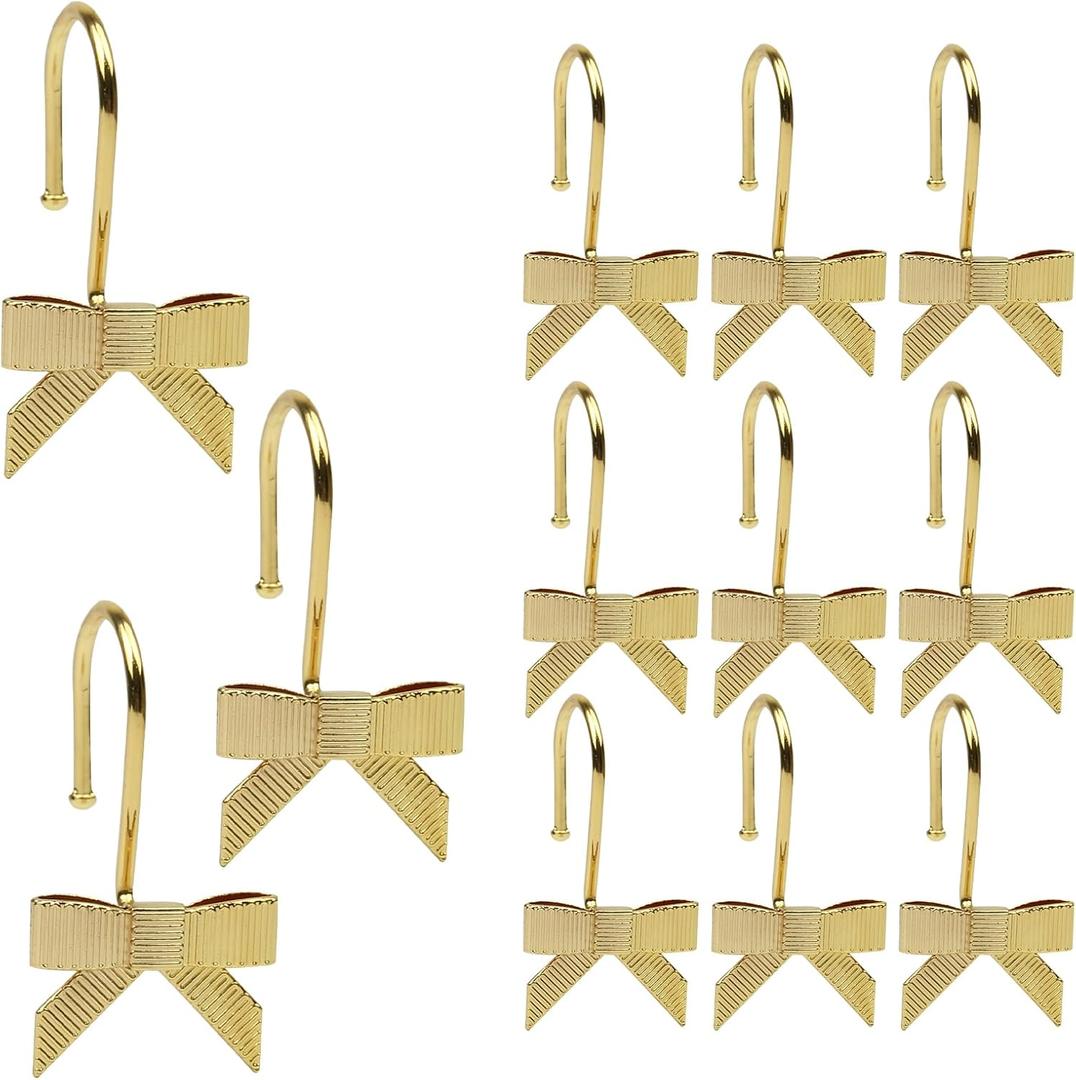 12 Pcs Bow Shower Curtain Hook Decorative Metal Shower Curtain Ring Luxury Bow Hook Suitable for Bathroom and Bedroom (Gold)