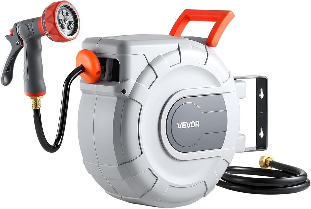 VEVOR Retractable Garden Hose Reel, 1/2 in x 50 ft, Wall Mounted Hose Reel with 9-Function Sprayer Nozzle and 180 Swivel Bracket, Any Length Lock, Automatic Slow Rewind System, for Garden Watering