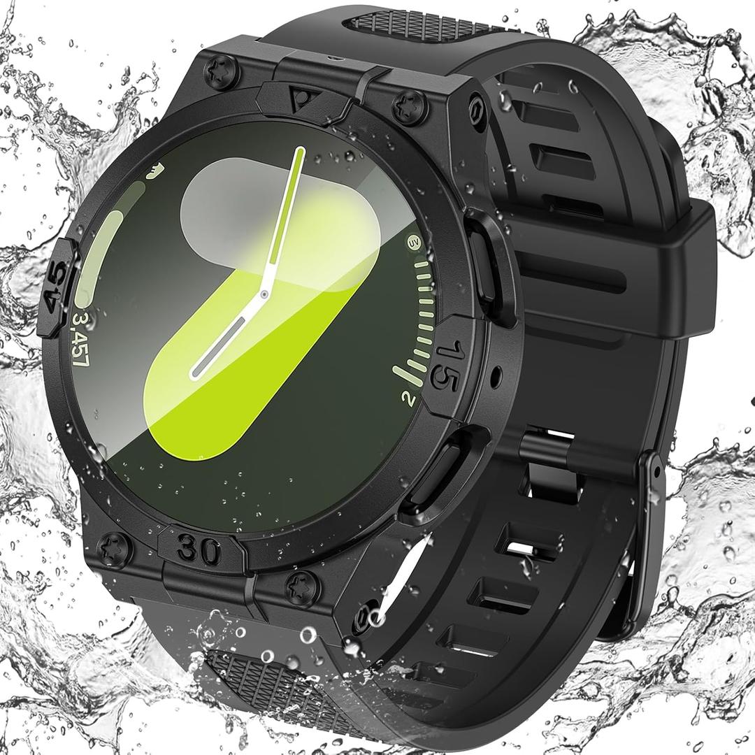 Goton 3 in 1 Waterproof Case and Band for Samsung Galaxy Watch 7 44mm, 360 Protective Hard PC with Tempered Glass Screen Protector for Galaxy Watch Cover Bumper Accessories, Black