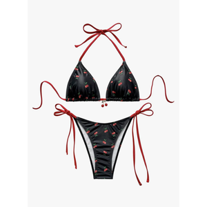 WDIRARA Women's 2 Piece Swimsuit Cherry Print Bikini Set Halter Triangle Bikini Side Tie String Bathing Suits M