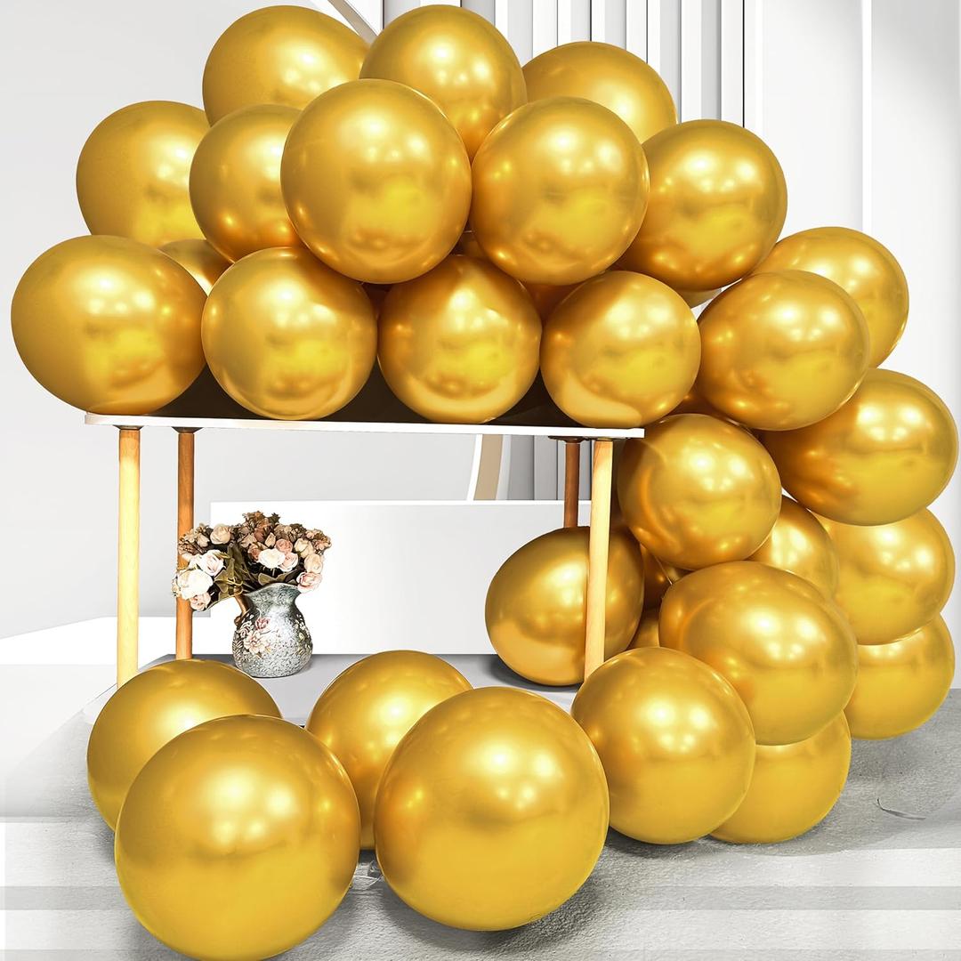 Firomi Metallic Gold Balloons 12-inch 100 Pack Helium Big Shiny Round Chrome Gold Thicken Latex Balloon for Wedding Birthday Party Gold Kid's Party Balloons (with 3 Ribbons)