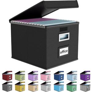 Huolewa File Organizer Box with Lid, Collapsible File Folder Organizer for Office Document Storage, Filing Box with Plastic Slide for Letter Size Hanging File Folders(1 Pack, Black)