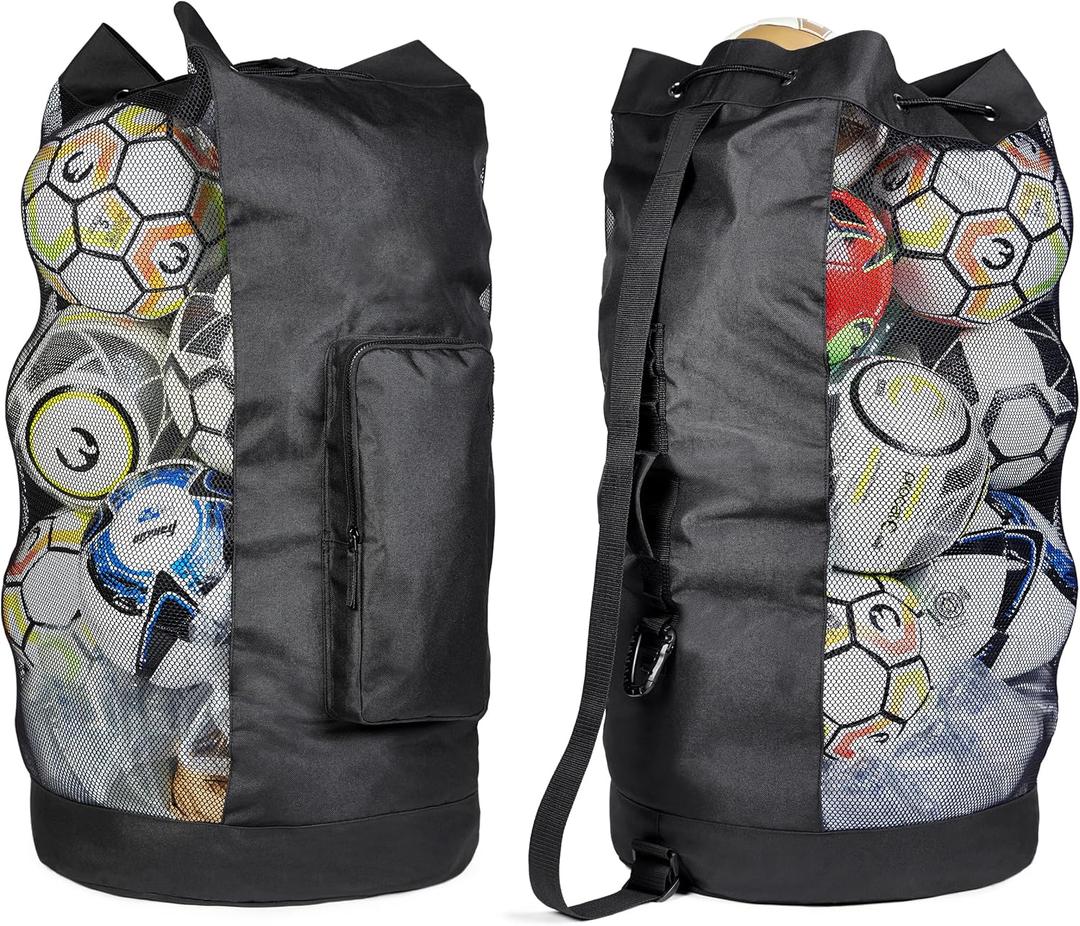 Fitdom Heavy Duty XL Soccer Mesh Equipment Ball Bag w/Adjustable Shoulder Strap Design for Coach. with an Over-Sized Front Pocket for Sporting Accessories. Best for All Outdoor & Water Gears (Black / Black)