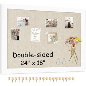 Double-Sided Large Cork Board with Linen, 24" x 18" Hanging Wood Framed Bulletin Board, Picture Display Vision Board Corkboards for Wall Room School Office Decor, 20 Pushpins,1pack (Cork+beige - 1pcs)