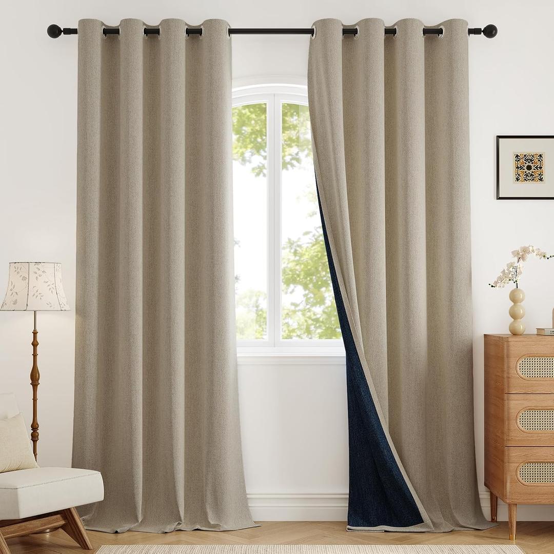 Blackout Curtains 96 inch Length 2 Panels for Living Room, Linen-Look Textured Room Darkening Thermal Insulated Noise Reduction Farmhouse Drapes for Bedroom (W52xL96, Natural)