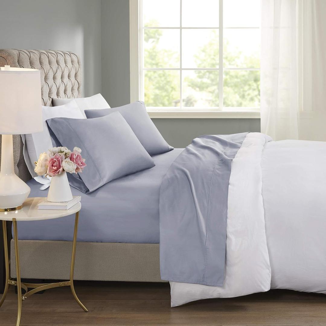 Madison Park 600 TC Cooling Cotton Blend Solid Sheet 16 Inch Deep Pocket, All Season, Soft Bedding-Set, Matching Pillow Case, Queen, Blue 4 Piece.